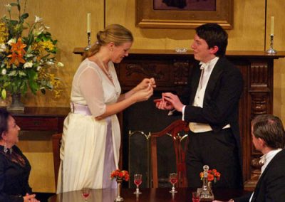 Gerald Croft (Stephen Gillard) shows the engagement ring to Sheila Birling (Nicola Stocks)